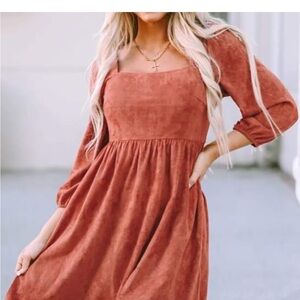 Faux Suede Square Neck Puff Sleeve Dress